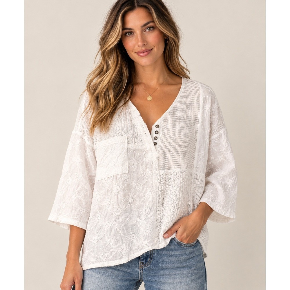 POL Women Top L White Boho Patchwork Floral Mesh Henley SMT2268B